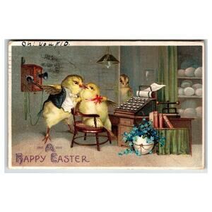 Vintage Easter Postcard Fantasy Dressed Chicks Kissing in Office Antique 1910